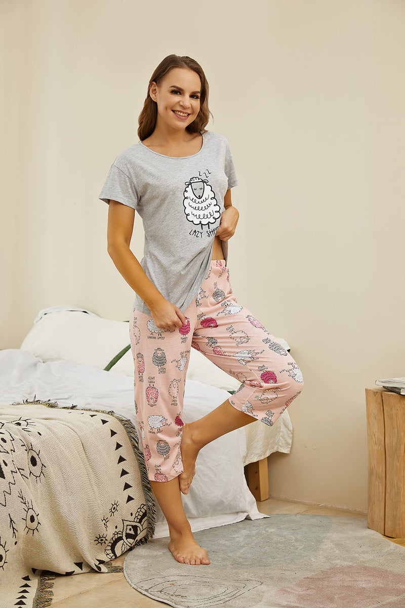 PNAEONG Women Pajama Set Sleepwear Tops with Capri Pants Casual and Fun Prints Pajama Sets Lazy Sheep 3XL - Image 2
